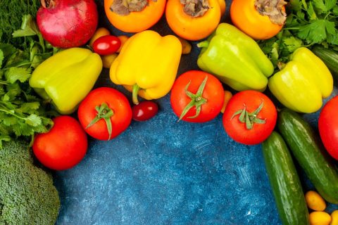 top-view-vegetable-composition-with-fresh-fruits-blue-table top-view-vegetable-composition-with-fresh-fruits-blue-table